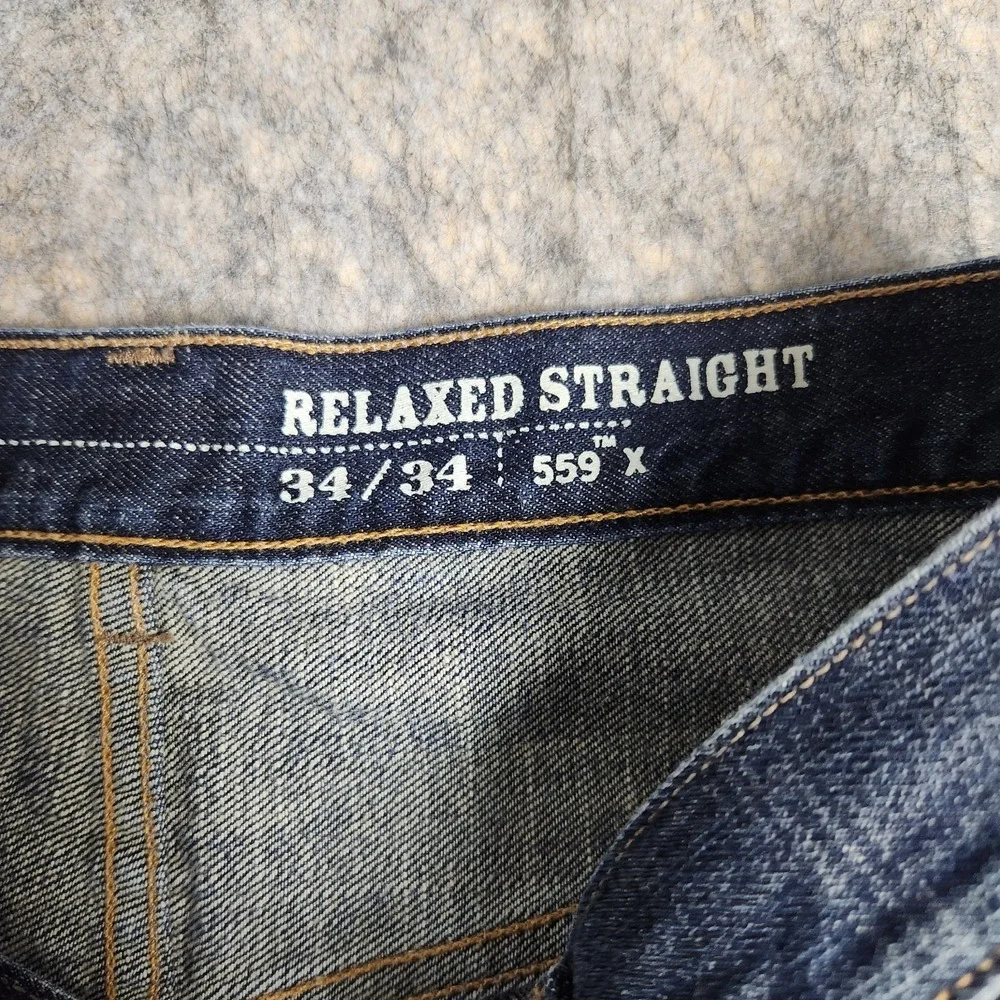 Levis 559 Button Fly Jeans Men 34x34 Blue Dark Wash Denim Whisker Faded Relaxed